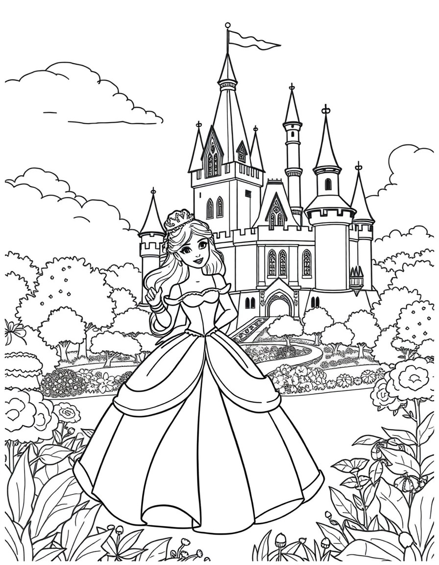 A princess with A big castle in the background with a beautiful garden