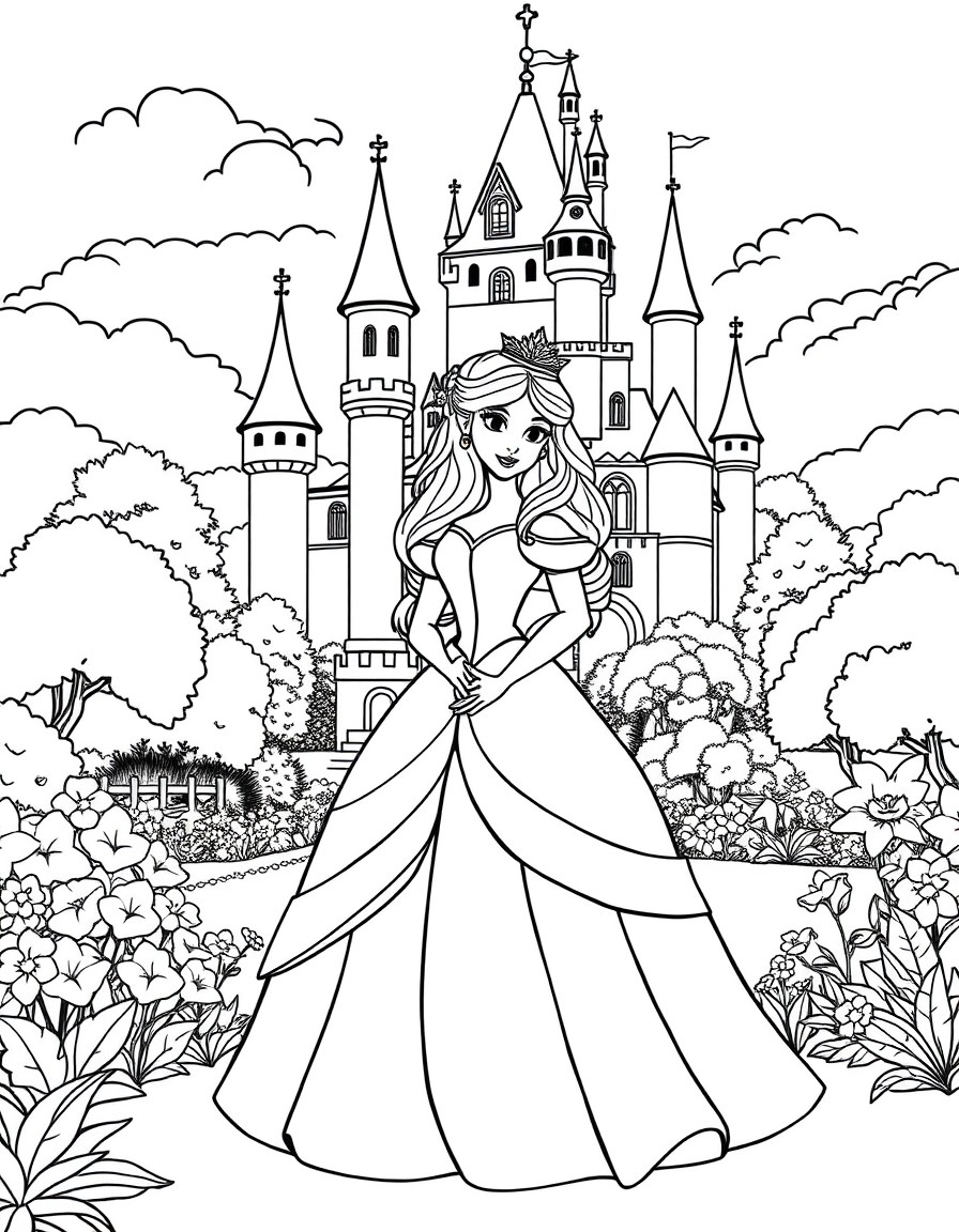 A princess with A big castle in the background with a beautiful garden