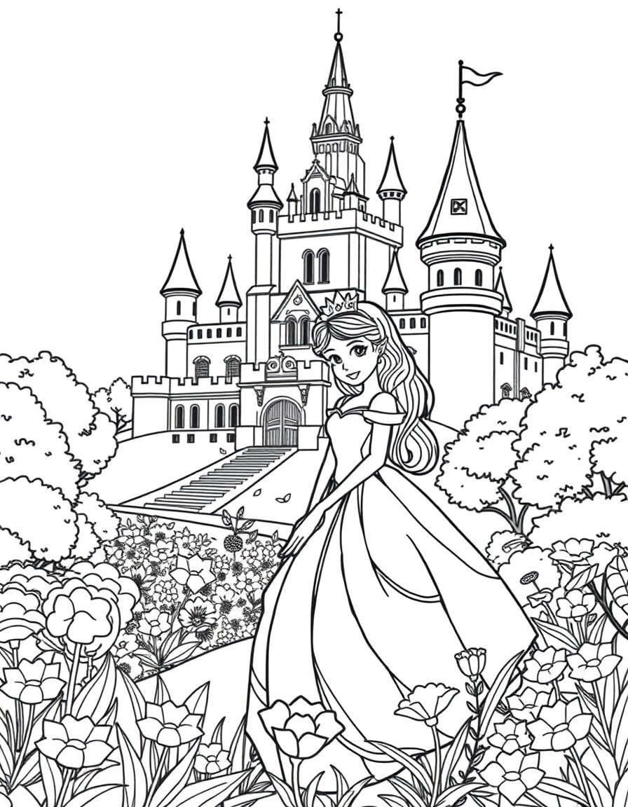 A princess with A big castle in the background with a beautiful garden