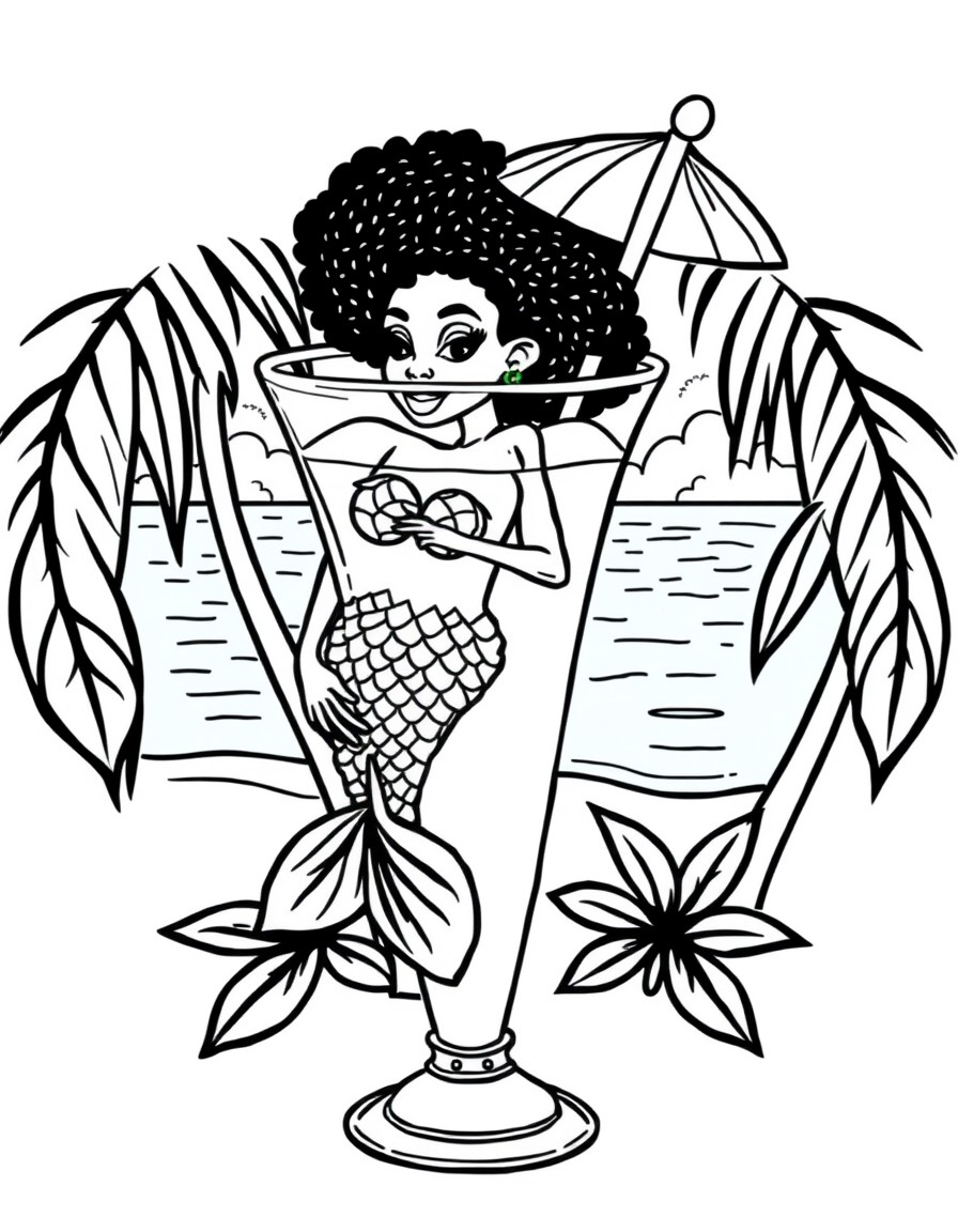 A tall pina colada glass, with a beach setting and clear blue beach water, with a beautiful African American mermaid inside looking out.