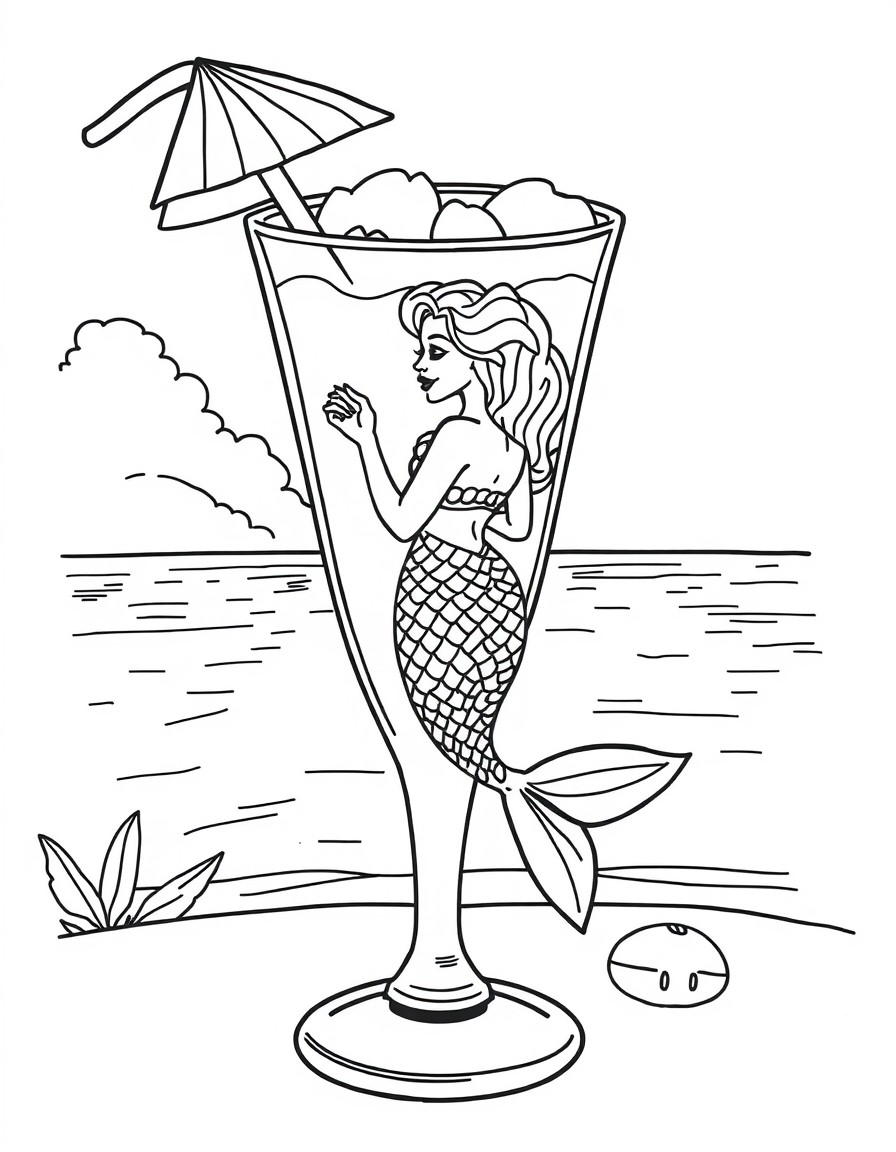 A tall pina colada glass, with a beach setting and clear blue beach water, with a beautiful African American mermaid inside looking out.