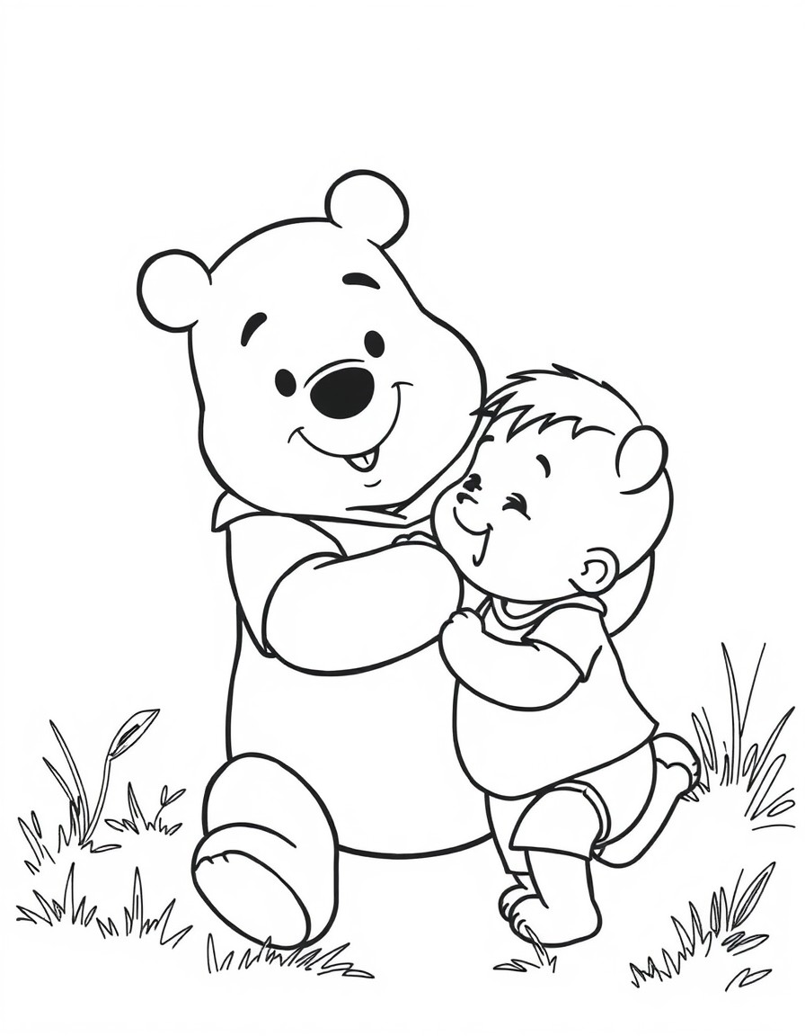 Pooh bear playing with a little boy who is 3