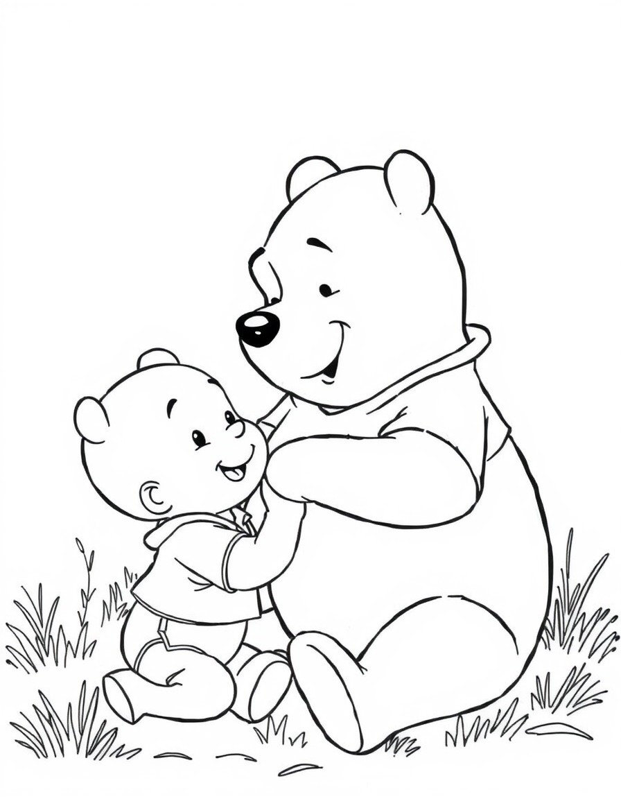Pooh bear playing with a little boy who is 3