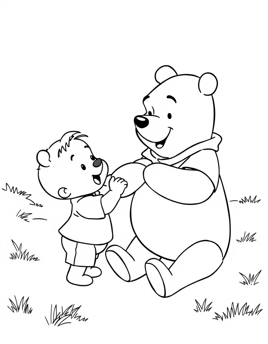 Pooh bear playing with a little boy who is 3