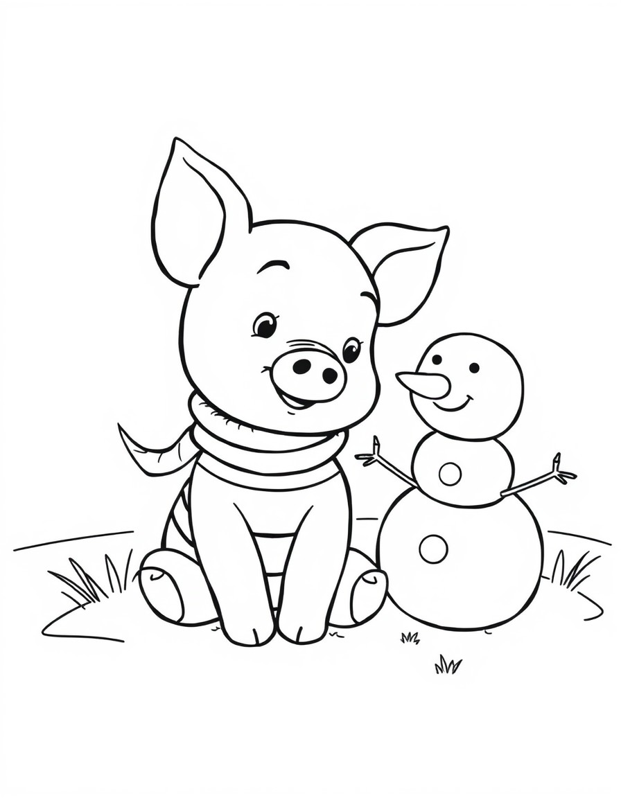 Piglet like the one from Winnie the Pooh and a little snowman