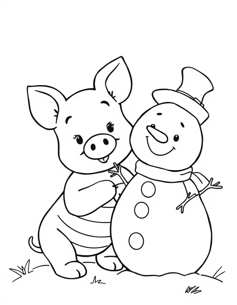 Piglet like the one from Winnie the Pooh and a little snowman