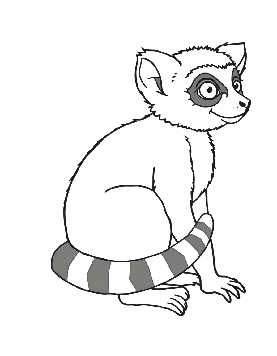 create a colouring page with little cute lemur with heart shaped black stripes on the tail. the drawing should be easier for 2-4 years old