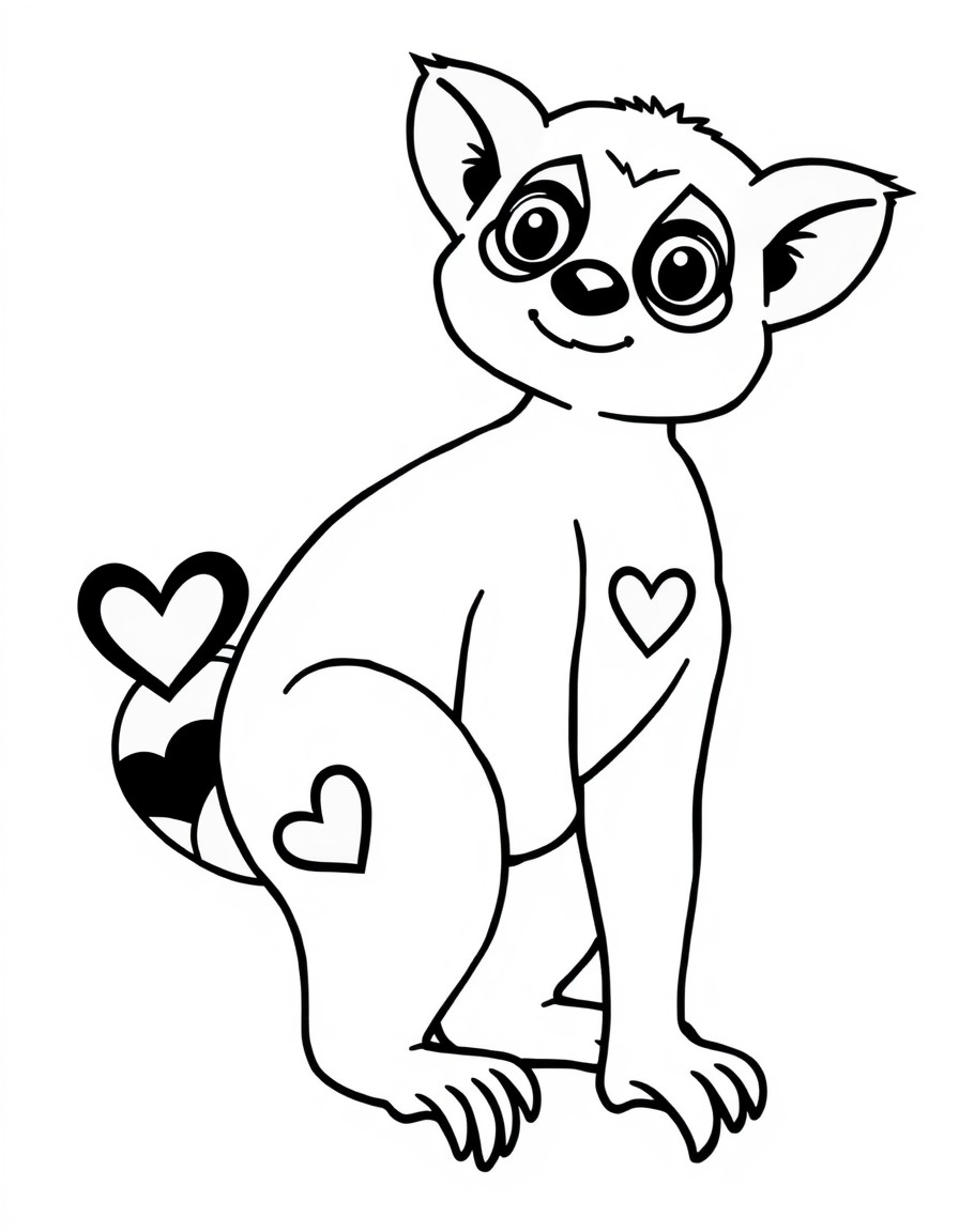 create a colouring page with little cute lemur with heart shaped black stripes on the tail. the drawing should be easier for 2-4 years old