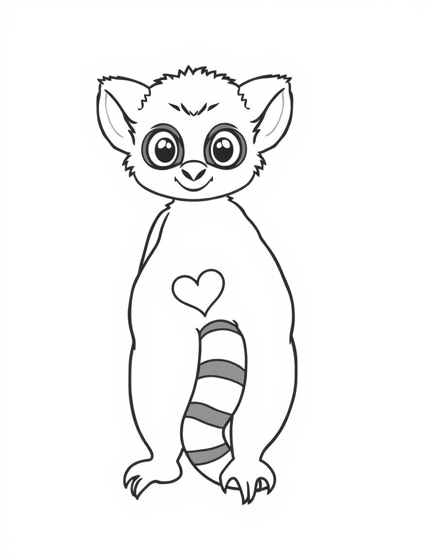 create a colouring page with little cute lemur with heart shaped black stripes on the tail. the drawing should be easier for 2-4 years old