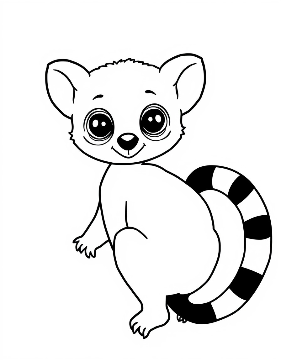 create a colouring page with little cute lemur with heart shaped black stripes on the tail. the drawing should be easier for 2-4 years old