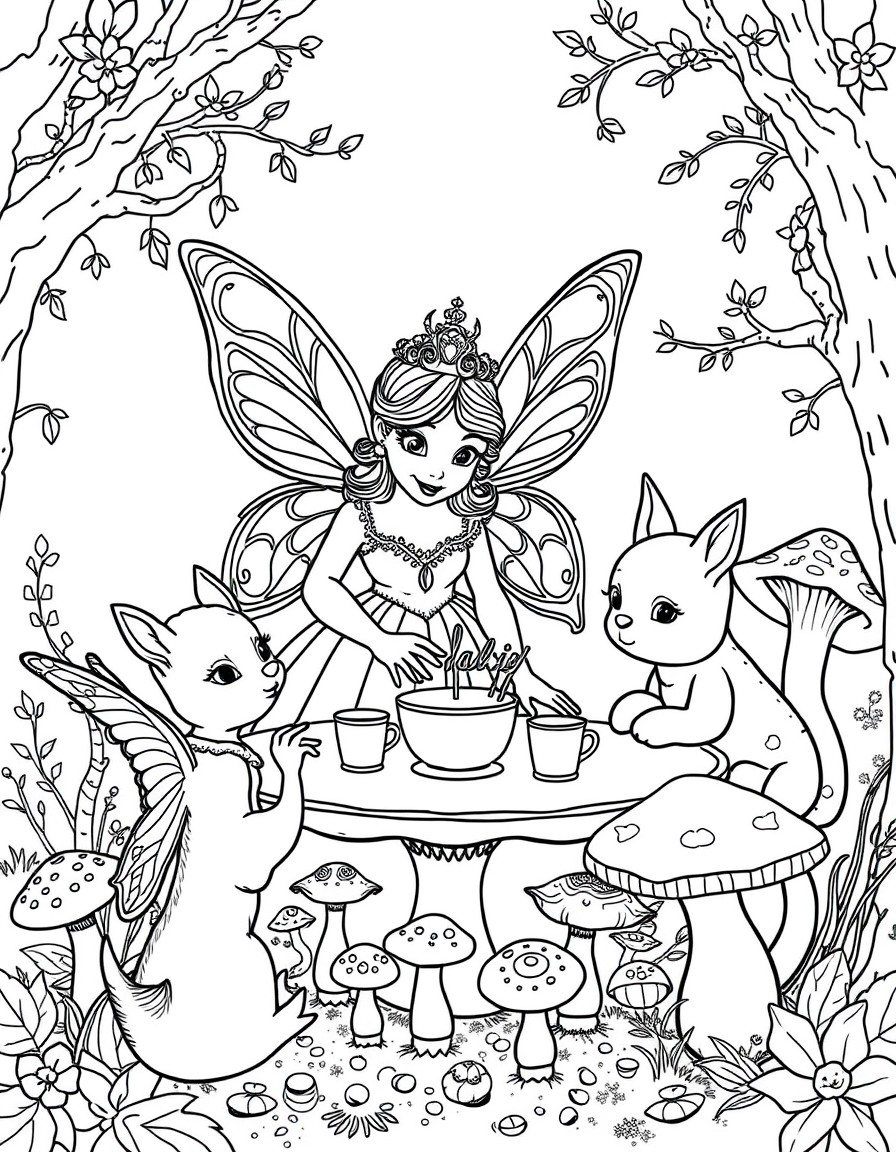 A fairy princess hosting a tea party with friendly woodland creatures and giant mushrooms
