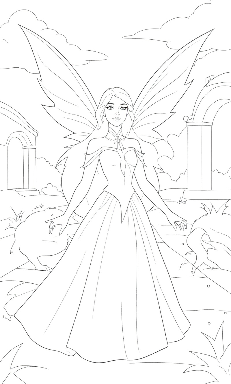 I want to make adjustments to this coloring page, keep the same black and white coloring page but only make the following change A fairy queen leading a parade of magical creatures through an ancient