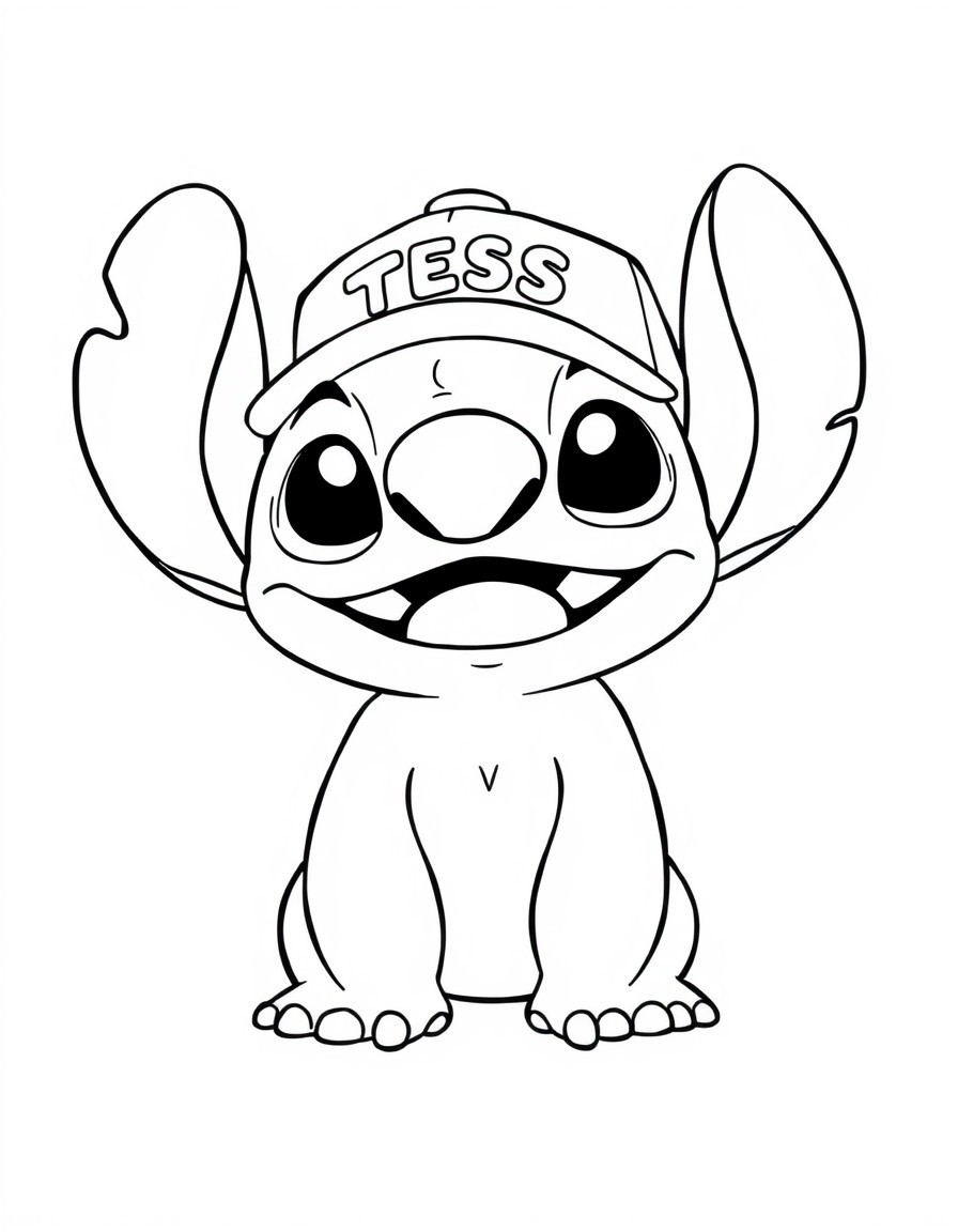 "A cute Stitch with a cap that has the name 'TESS' on it"