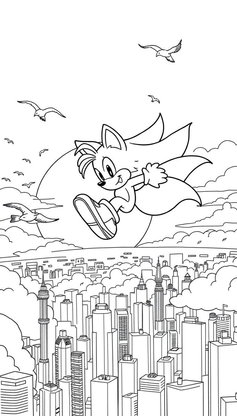 Line art of Tails soaring above a city skyline at sunset, his twin tails spinning, with clouds and birds around, suitable for a coloring book.