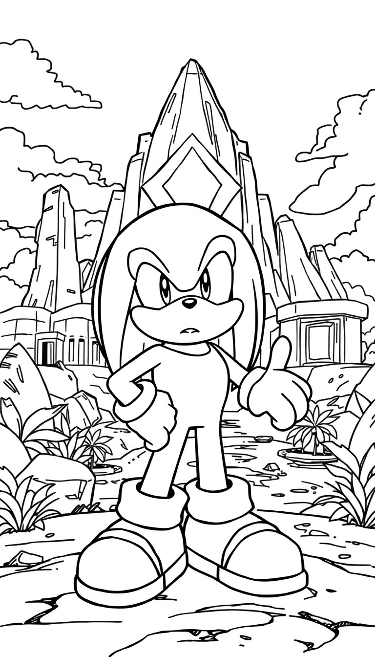 An outlined illustration of Knuckles standing protectively in front of the Master Emerald on Angel Island, with ancient ruins in the background, for a coloring page.