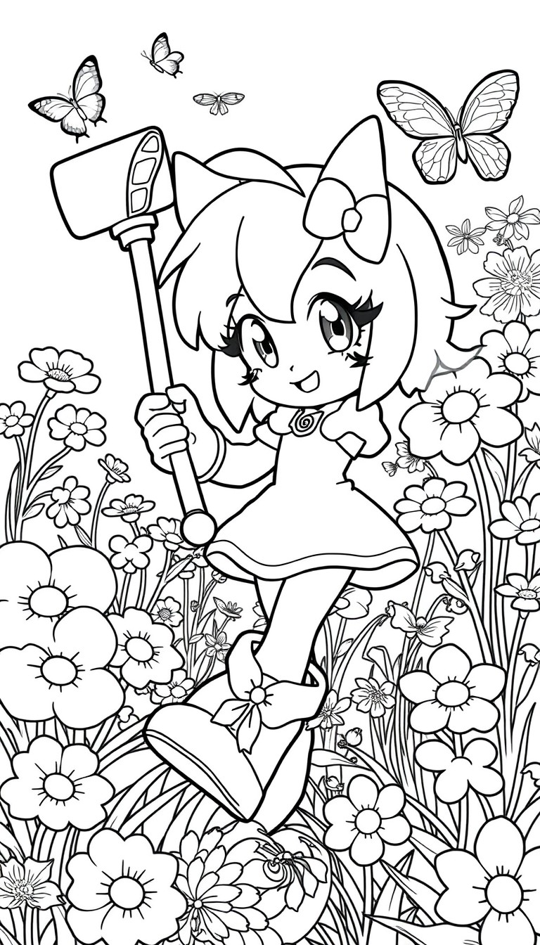 Amy Rose in a Flower Garden Black-and-white line drawing of Amy Rose holding her Piko Piko Hammer, surrounded by blooming flowers and butterflies, designed for coloring.