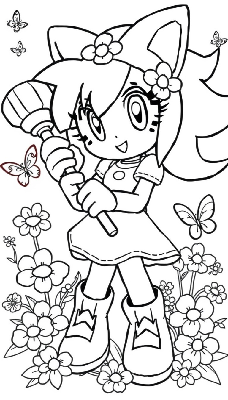 Black-and-white line drawing of Amy Rose holding her Piko Piko Hammer, surrounded by blooming flowers and butterflies, designed for coloring.