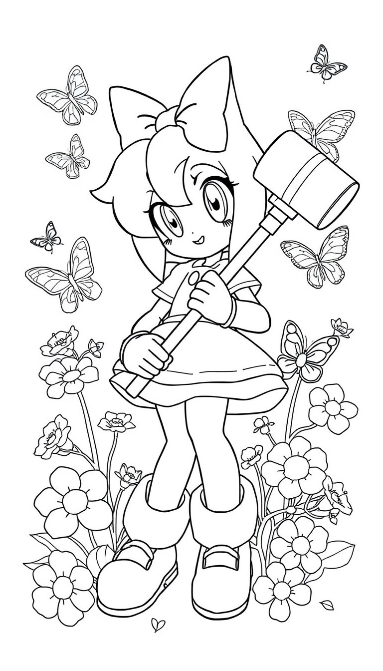 Black-and-white line drawing of Amy Rose holding her Piko Piko Hammer, surrounded by blooming flowers and butterflies, designed for coloring.