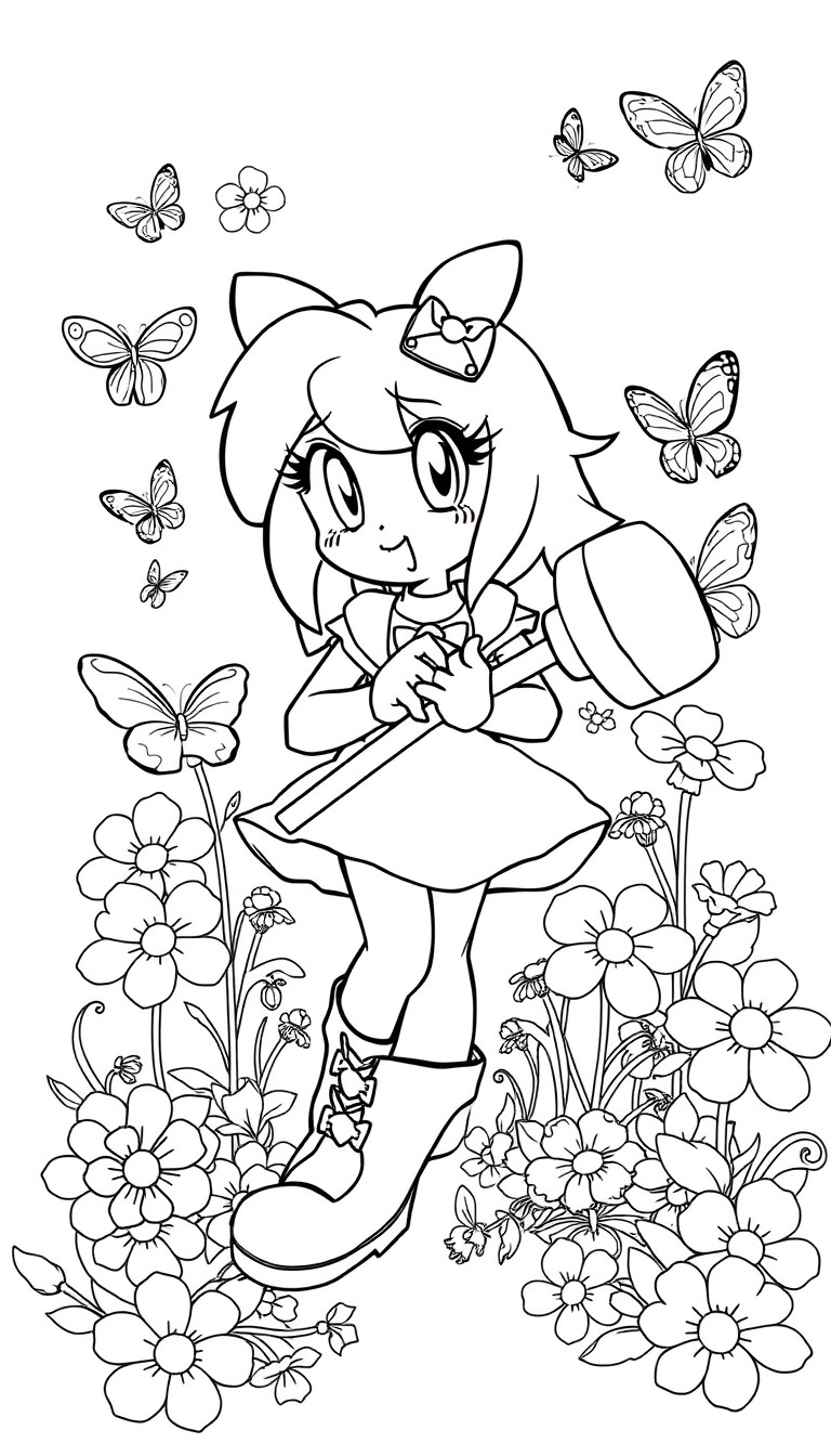 Black-and-white line drawing of Amy Rose holding her Piko Piko Hammer, surrounded by blooming flowers and butterflies, designed for coloring.