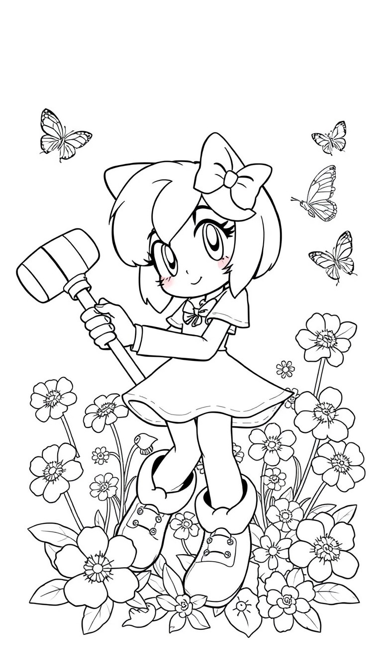 Black-and-white line drawing of Amy Rose holding her Piko Piko Hammer, surrounded by blooming flowers and butterflies, designed for coloring.