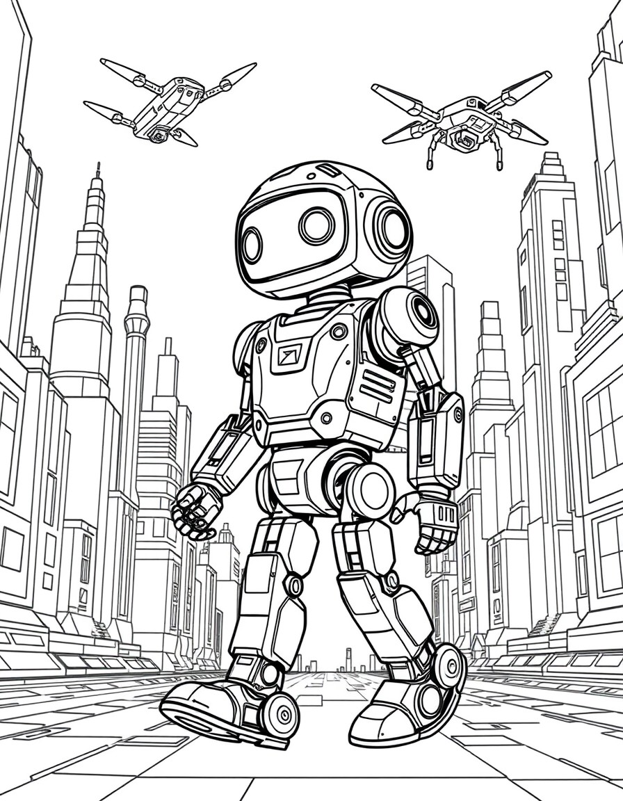 A cute robot walking in a futuristic city, with two drones flying in the sky.