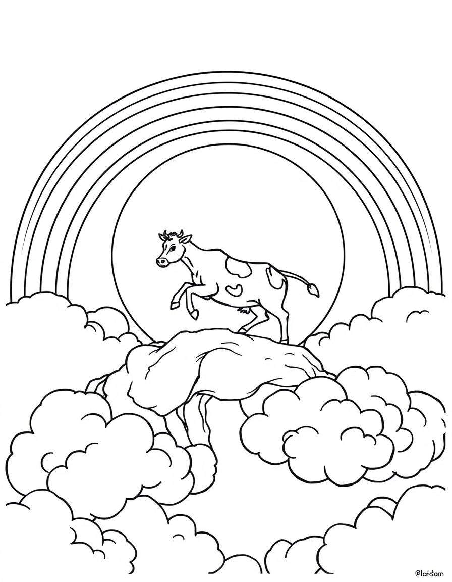 A rainbow on top of clouds with a cow jumping over the moon in the background