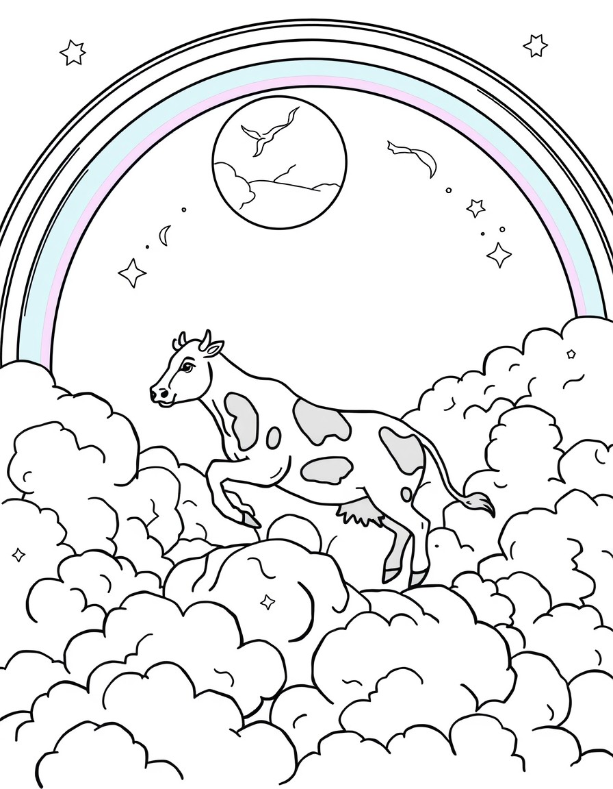 A rainbow on top of clouds with a cow jumping over the moon in the background