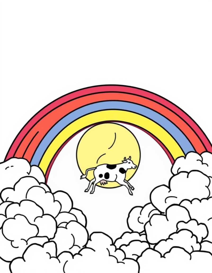 A rainbow on top of clouds with a cow jumping over the moon in the background