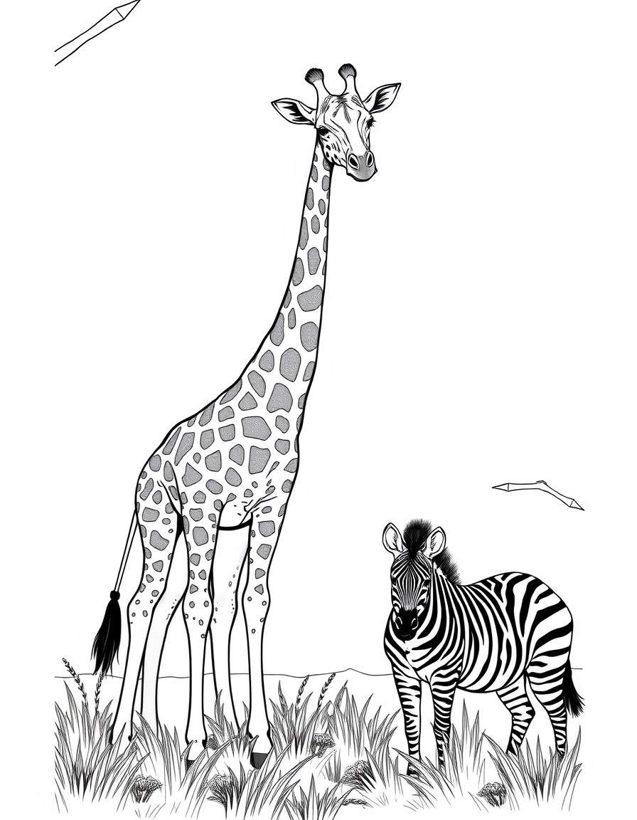 A Giraffe and Zebra in the Savannah