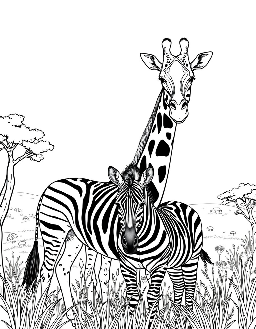 A Giraffe and Zebra in the Savannah