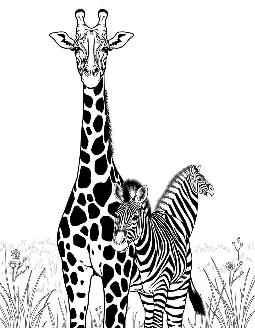 A Giraffe and Zebra in the Savannah