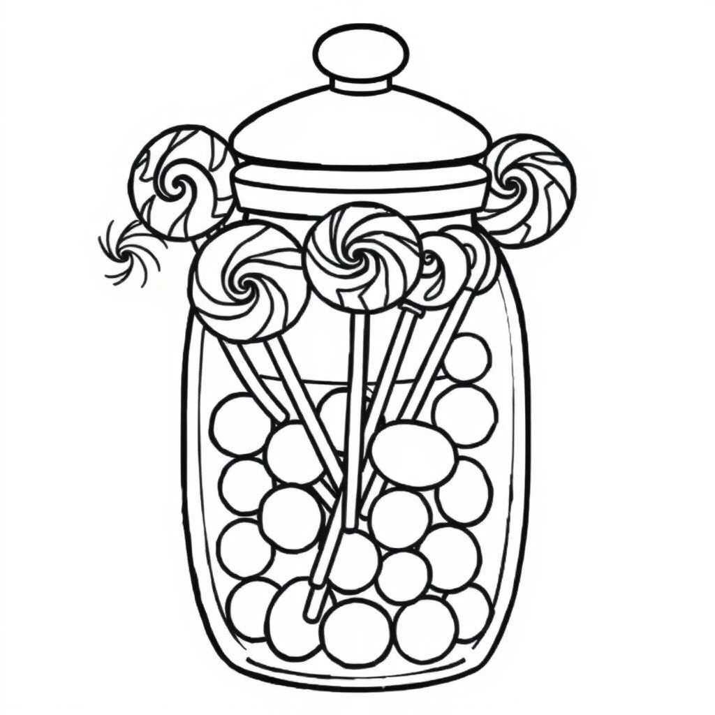 A candy jar filled with lollipops and gumdrops, simplified shapes with no texture. No coloring page, only black and white. The lines should be thick and clear without any shading, solid black, or fine