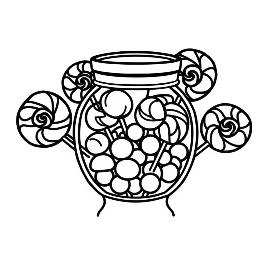 A candy jar filled with lollipops and gumdrops, simplified shapes with no texture. No coloring page, only black and white. The lines should be thick and clear without any shading, solid black, or fine
