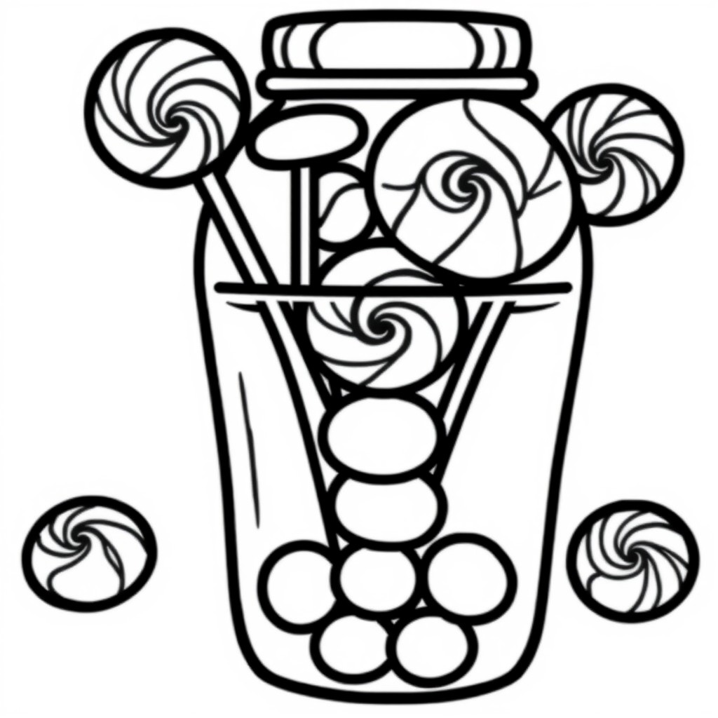 A candy jar filled with lollipops and gumdrops, simplified shapes with no texture. No coloring page, only black and white. The lines should be thick and clear without any shading, solid black, or fine