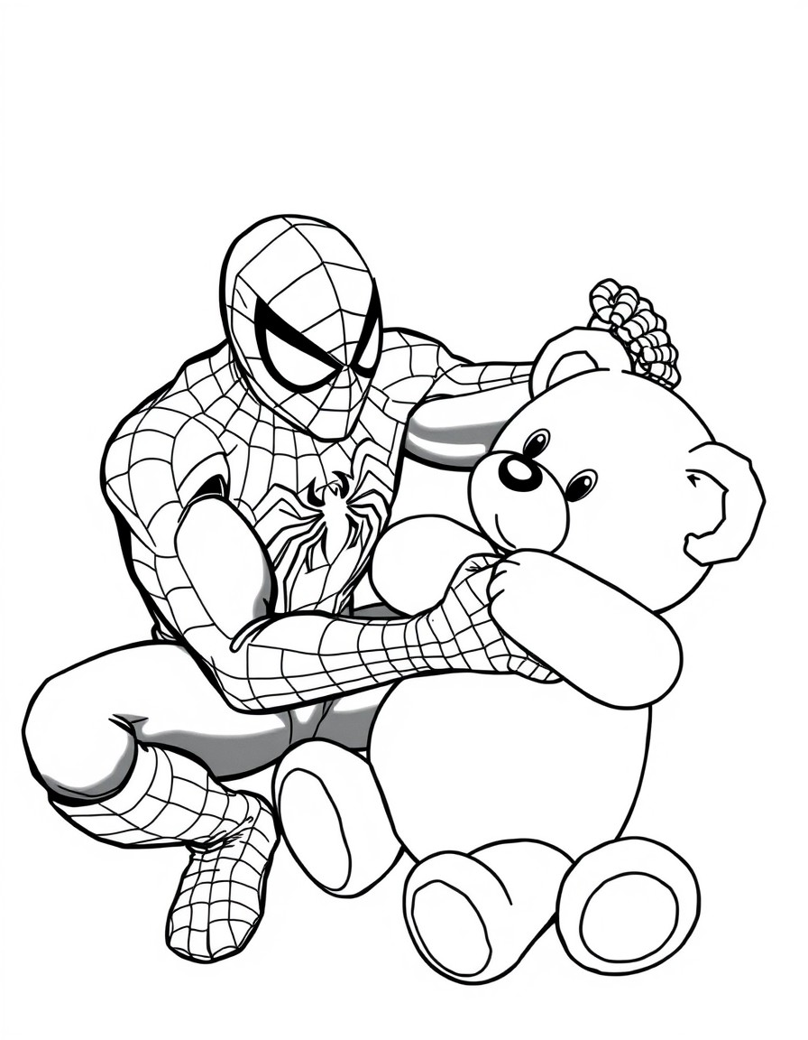 spiderman playing with a teddy bear