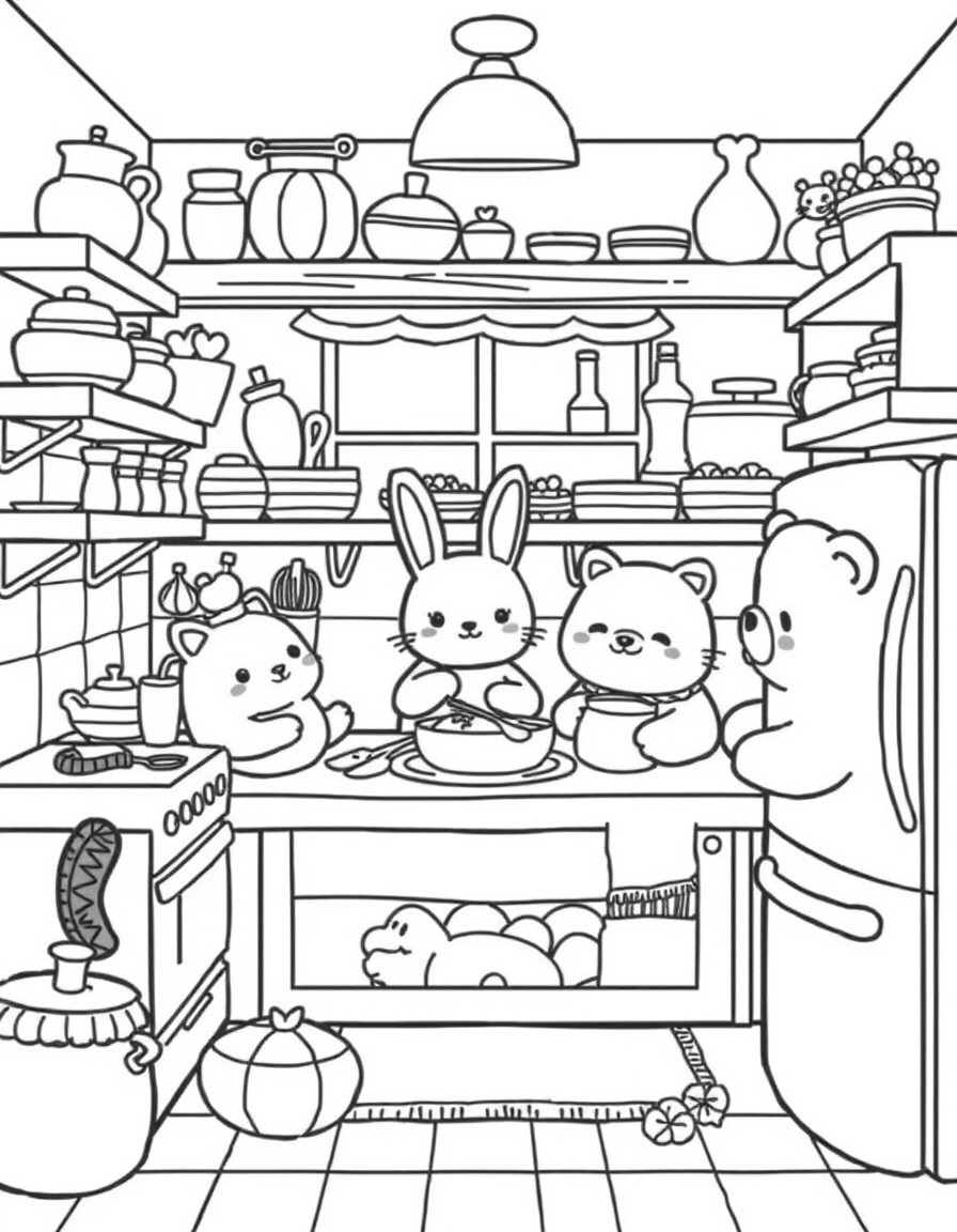 "A super cute kawaii coloring page featuring a cozy and highly detailed kitchen scene where adorable animals like cats, bunnies, and bears are baking together. The kitchen is filled with shelves of sm