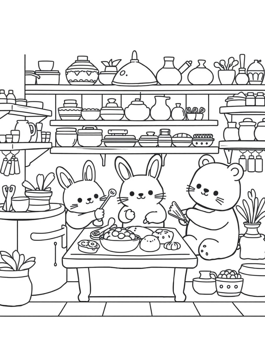 "A super cute kawaii coloring page featuring a cozy and highly detailed kitchen scene where adorable animals like cats, bunnies, and bears are baking together. The kitchen is filled with shelves of sm