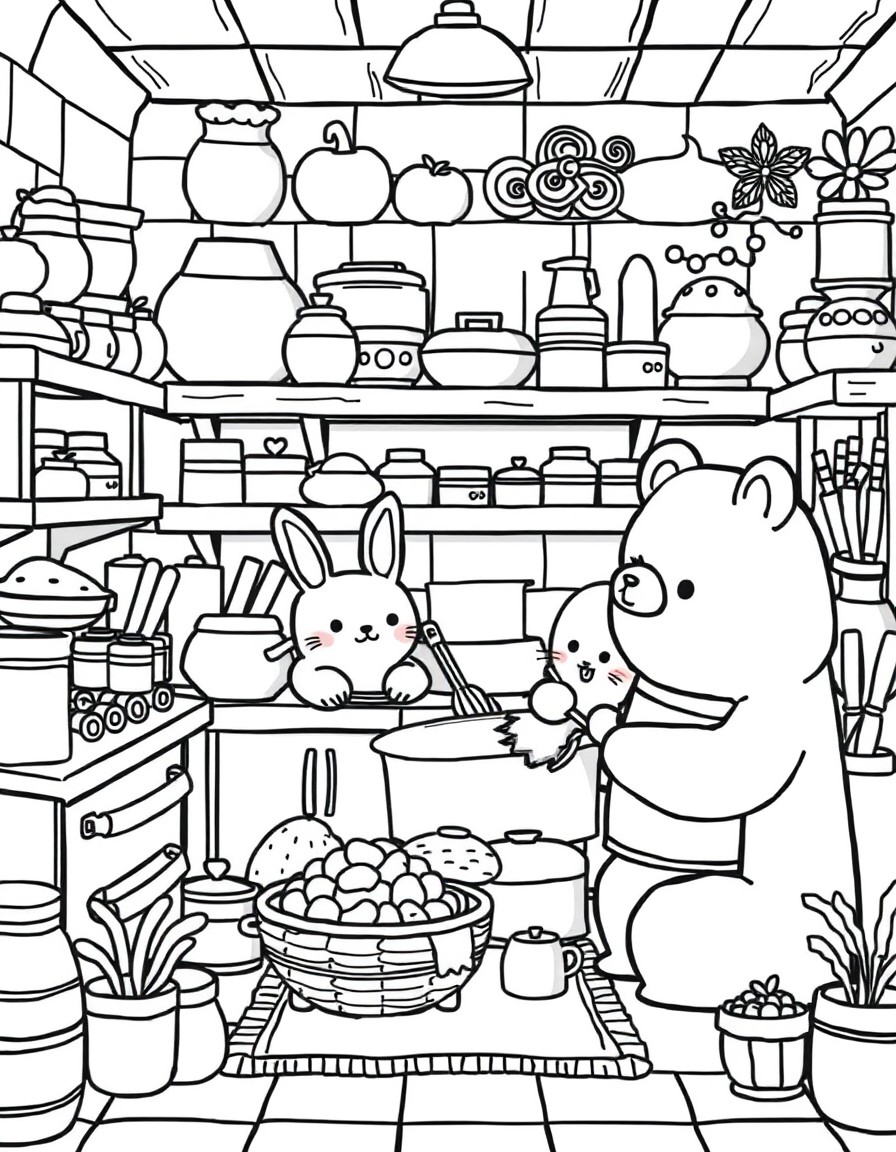 "A super cute kawaii coloring page featuring a cozy and highly detailed kitchen scene where adorable animals like cats, bunnies, and bears are baking together. The kitchen is filled with shelves of sm
