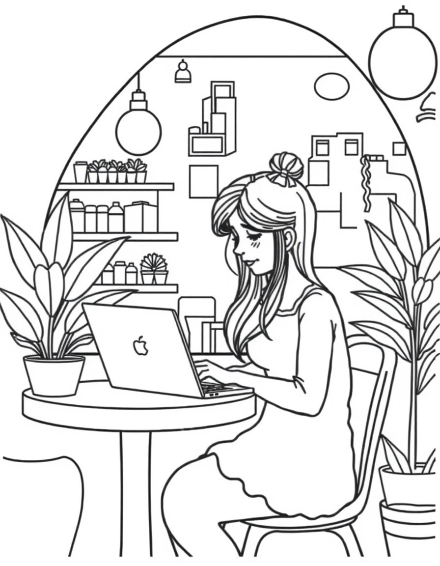 a girl working on her laptop inside a cute cozy cafe