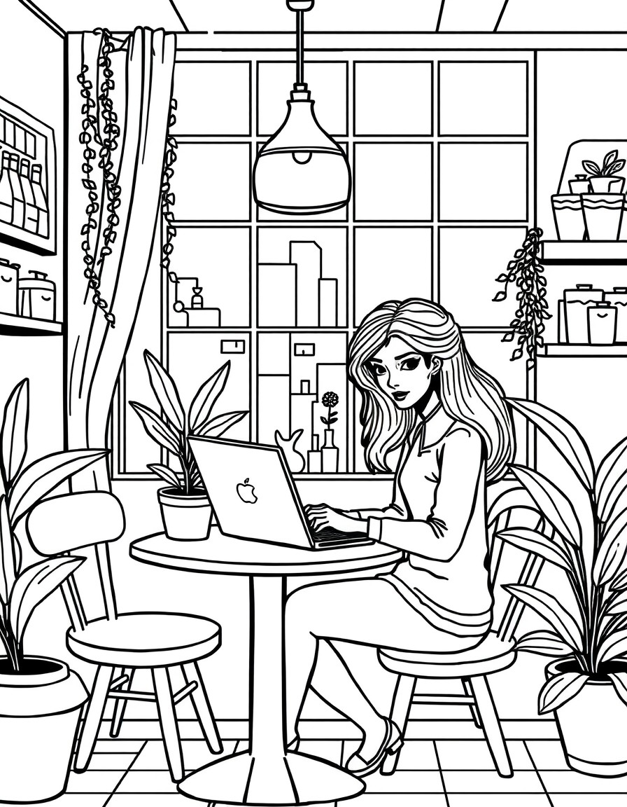 a girl working on her laptop inside a cute cozy cafe