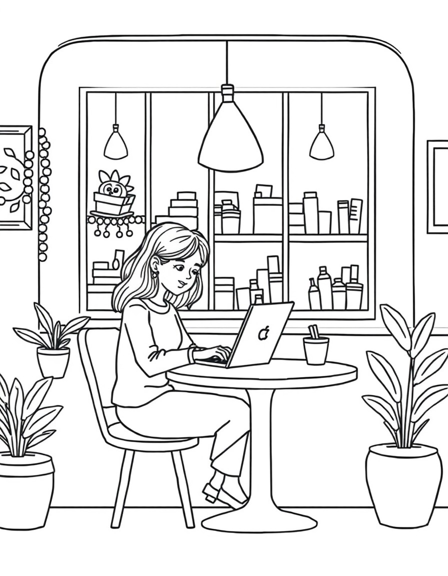 a girl working on her laptop inside a cute cozy cafe