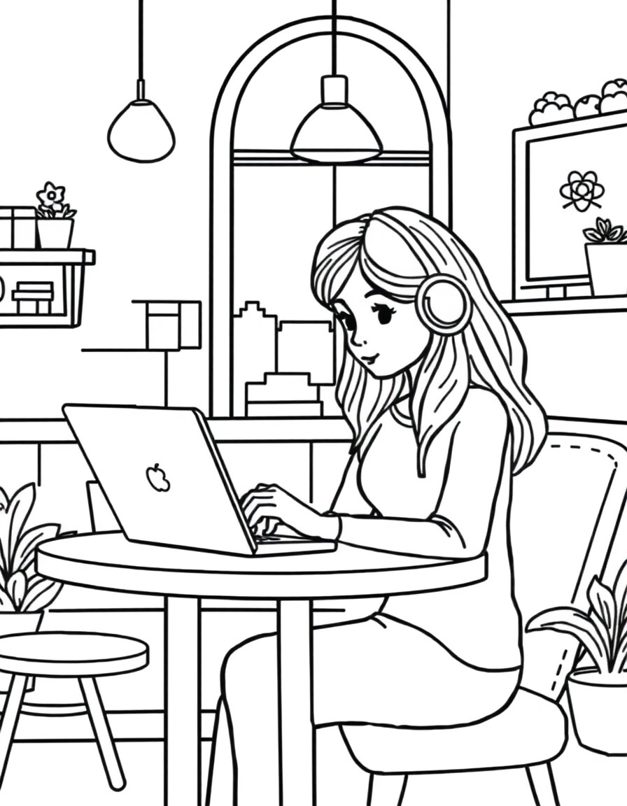 a girl working on her laptop inside a cute cozy cafe