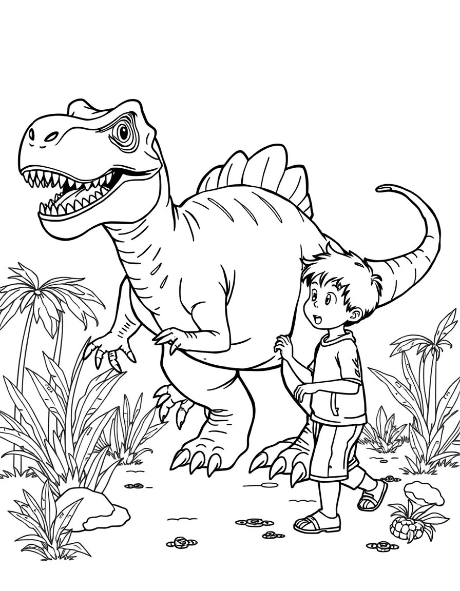Dinosaur playing with boy