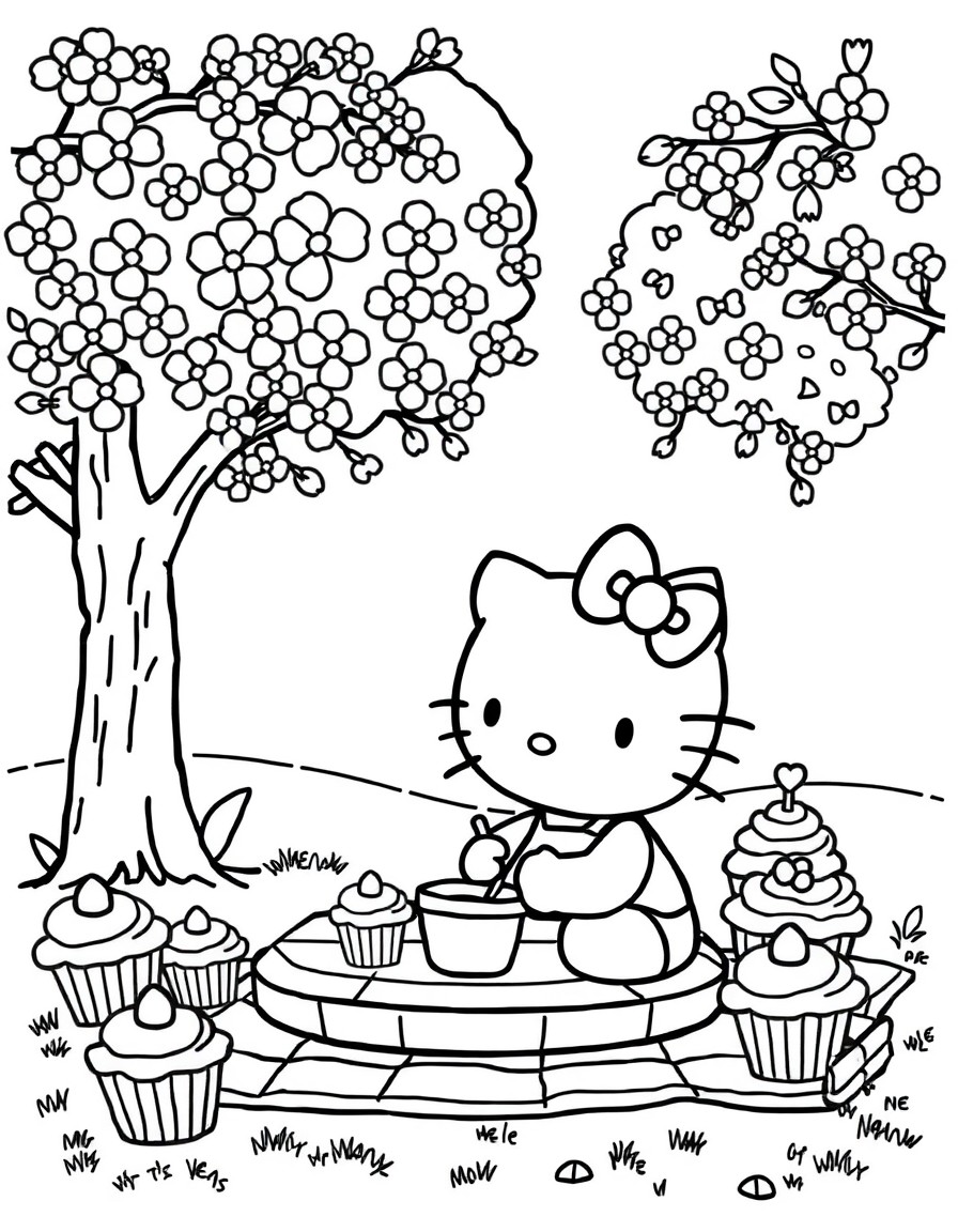 Hello Kitty having a picnic under cherry blossom trees with giant cupcakes