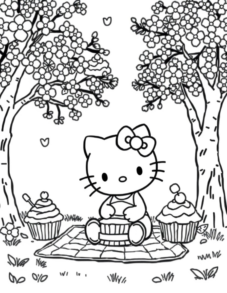 Hello Kitty having a picnic under cherry blossom trees with giant cupcakes