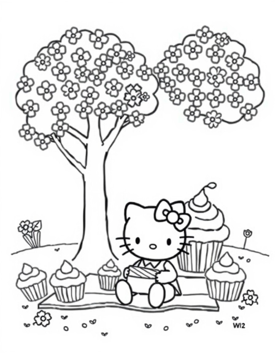 Hello Kitty having a picnic under cherry blossom trees with giant cupcakes