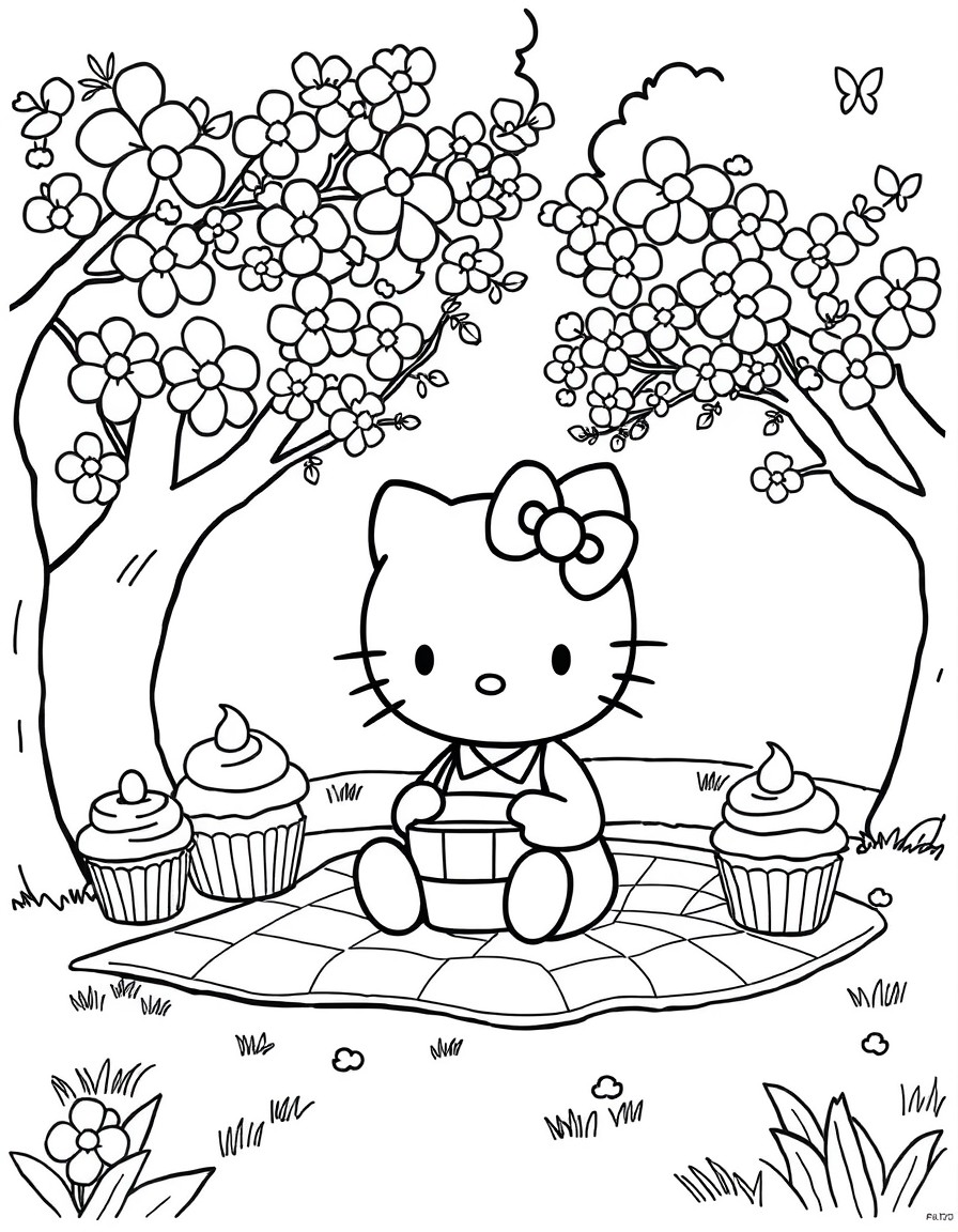 Hello Kitty having a picnic under cherry blossom trees with giant cupcakes