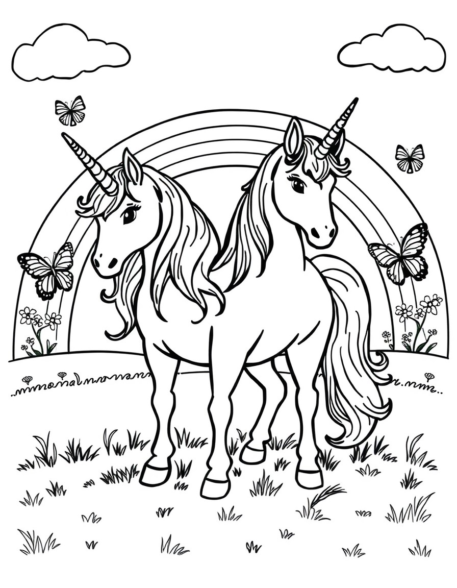 A unicorn standing on the ground and in the background a rainbow with butterflies on the sides