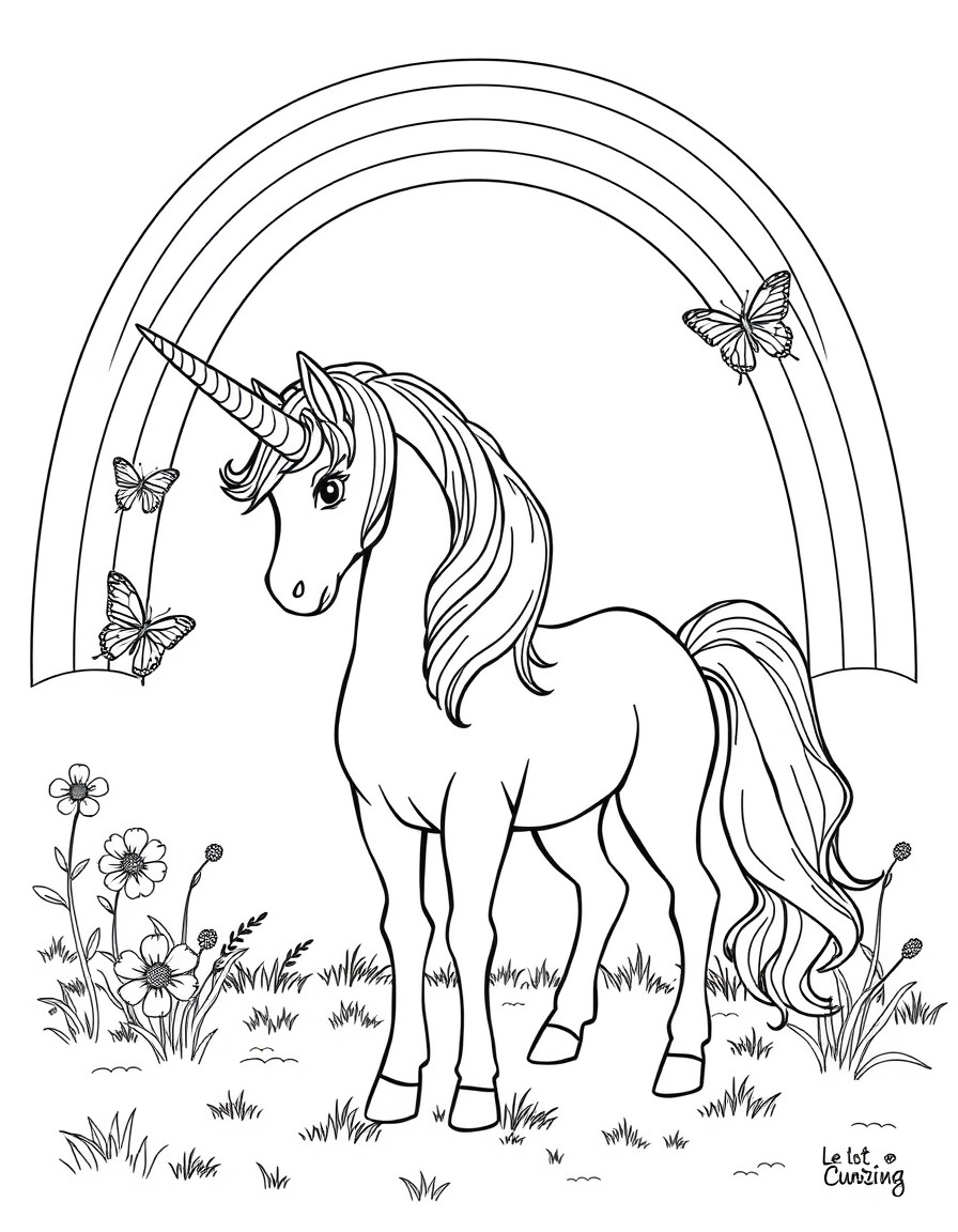 A unicorn standing on the ground and in the background a rainbow with butterflies on the sides