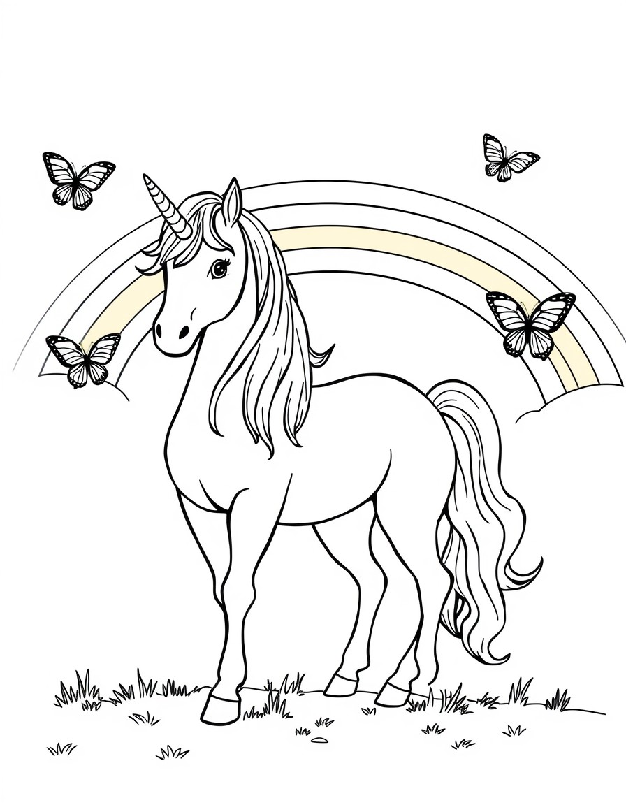 A unicorn standing on the ground and in the background a rainbow with butterflies on the sides